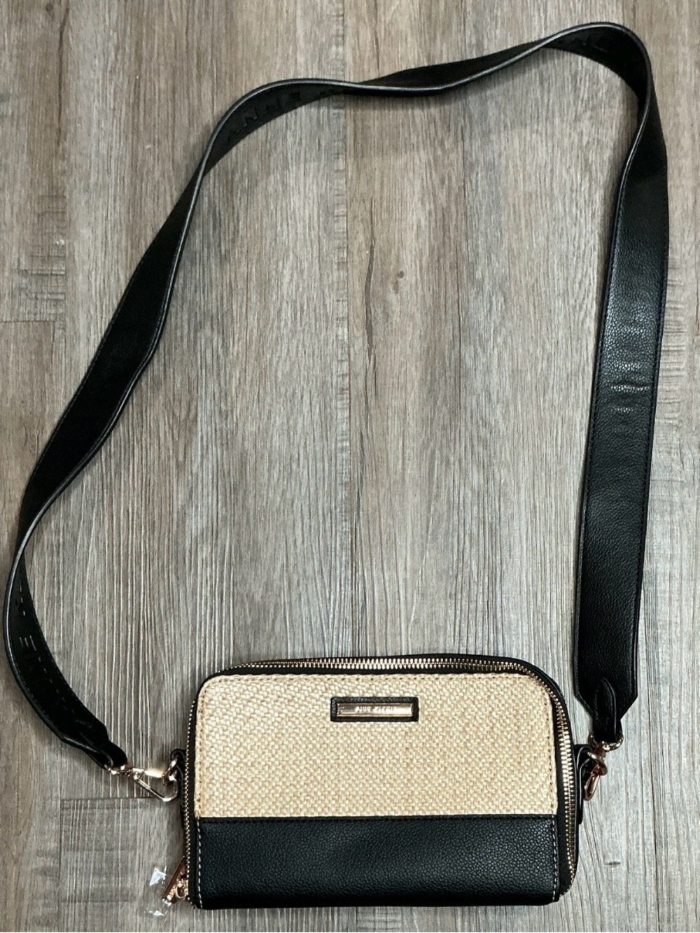 Anne Klein Woven Black/Beige Crossbody Bag‎ Double Zip, Detachable Strap